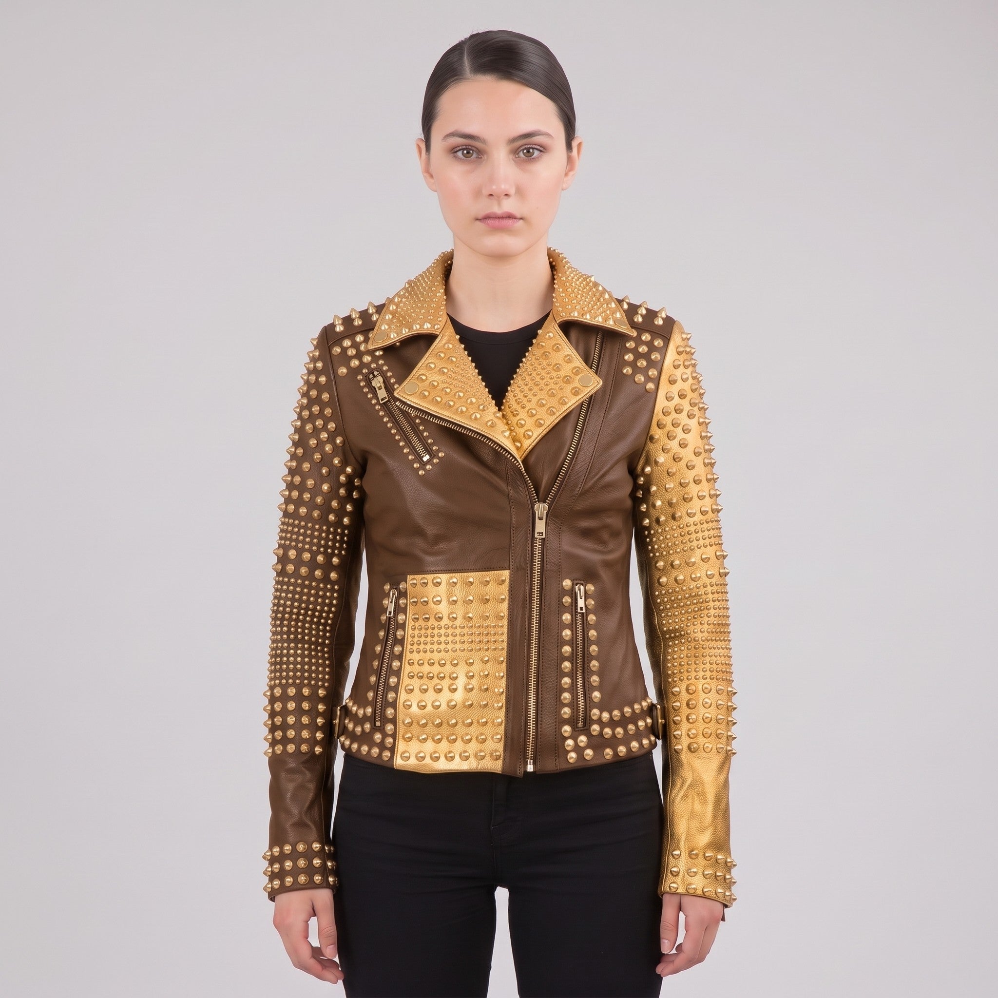 Women's Brown and Gold Studded Leather Biker Jacket — Farington