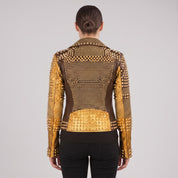 Women's Brown and Gold Studded Leather Biker Jacket — Farington