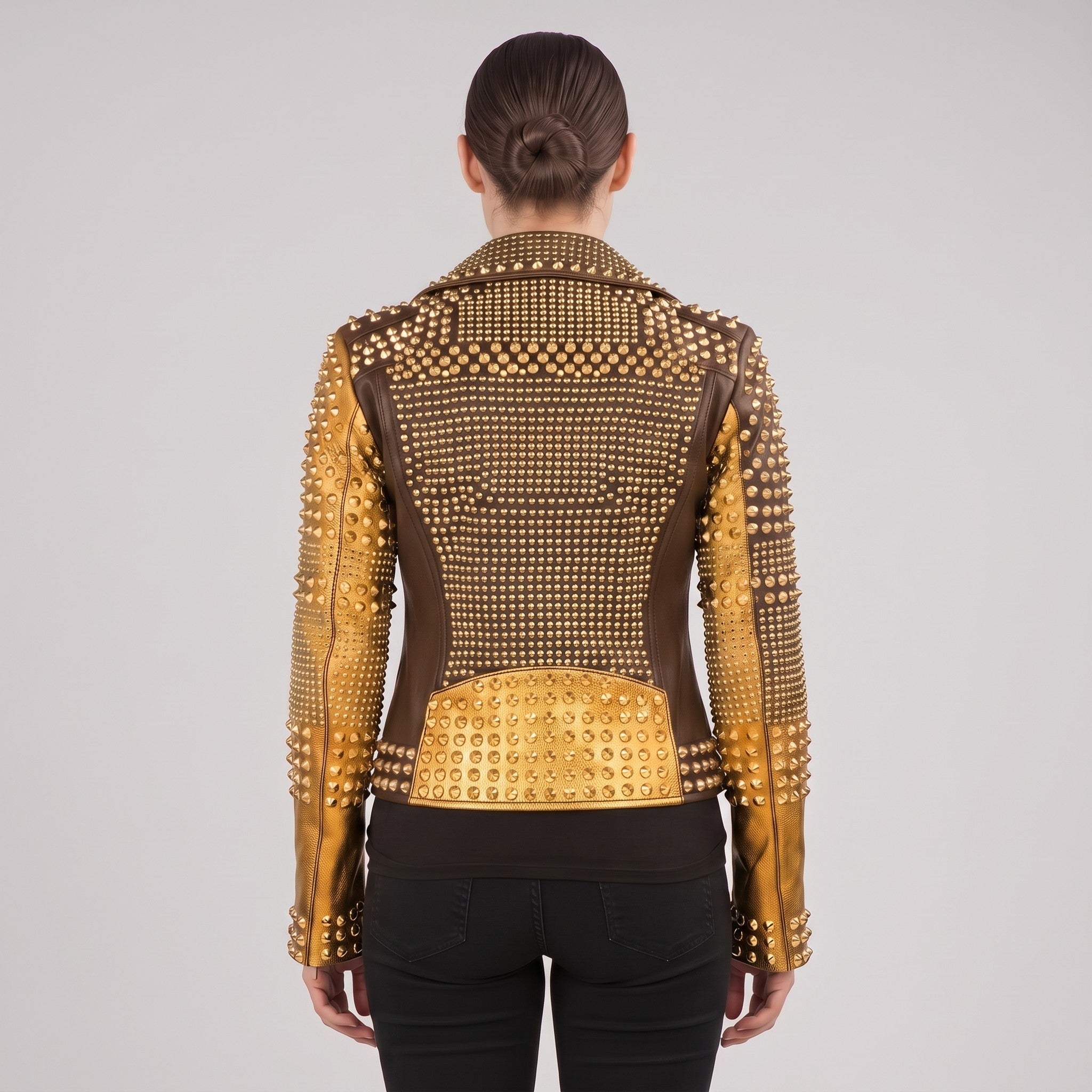 Women's Brown and Gold Studded Leather Biker Jacket — Farington