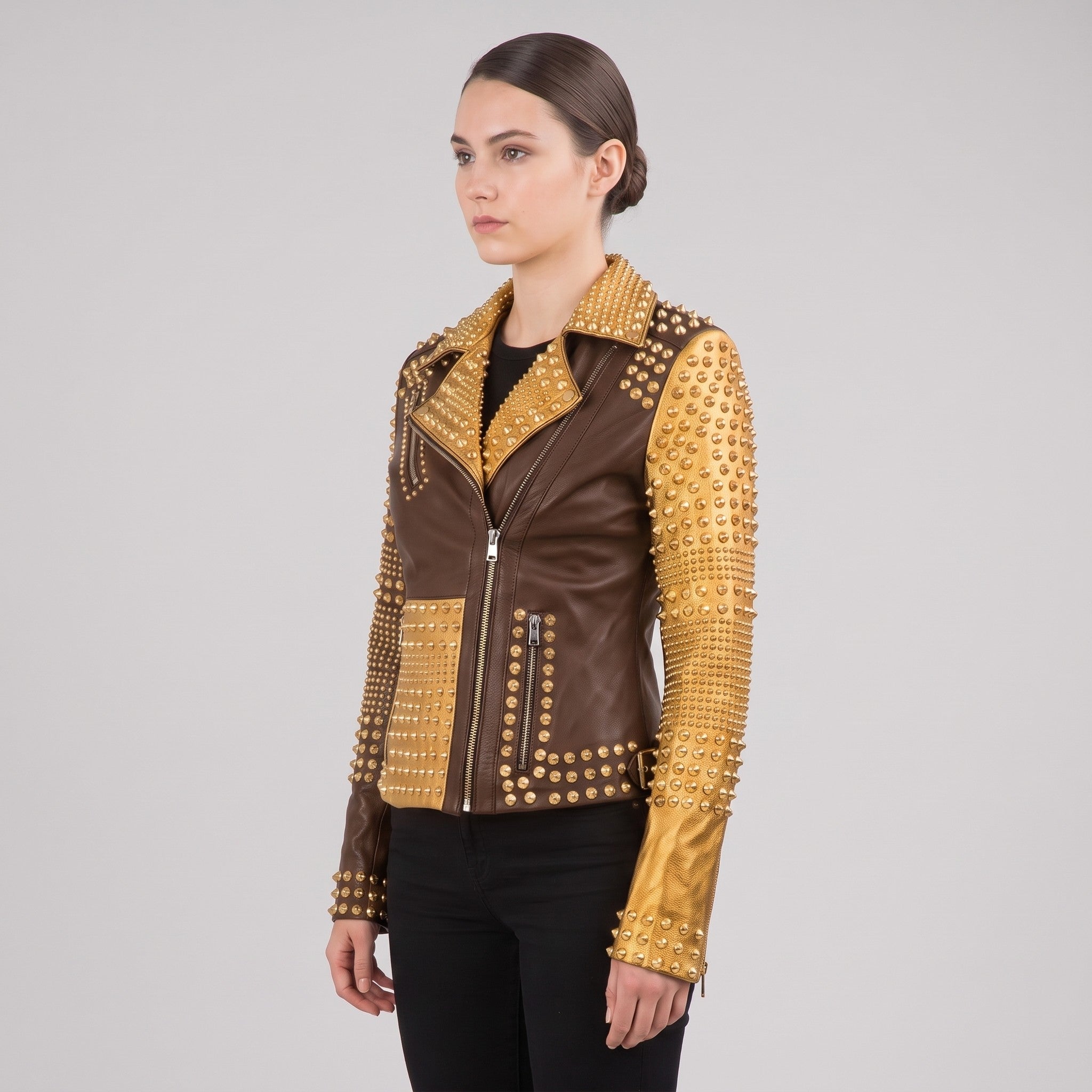 Women's Brown and Gold Studded Leather Biker Jacket — Farington