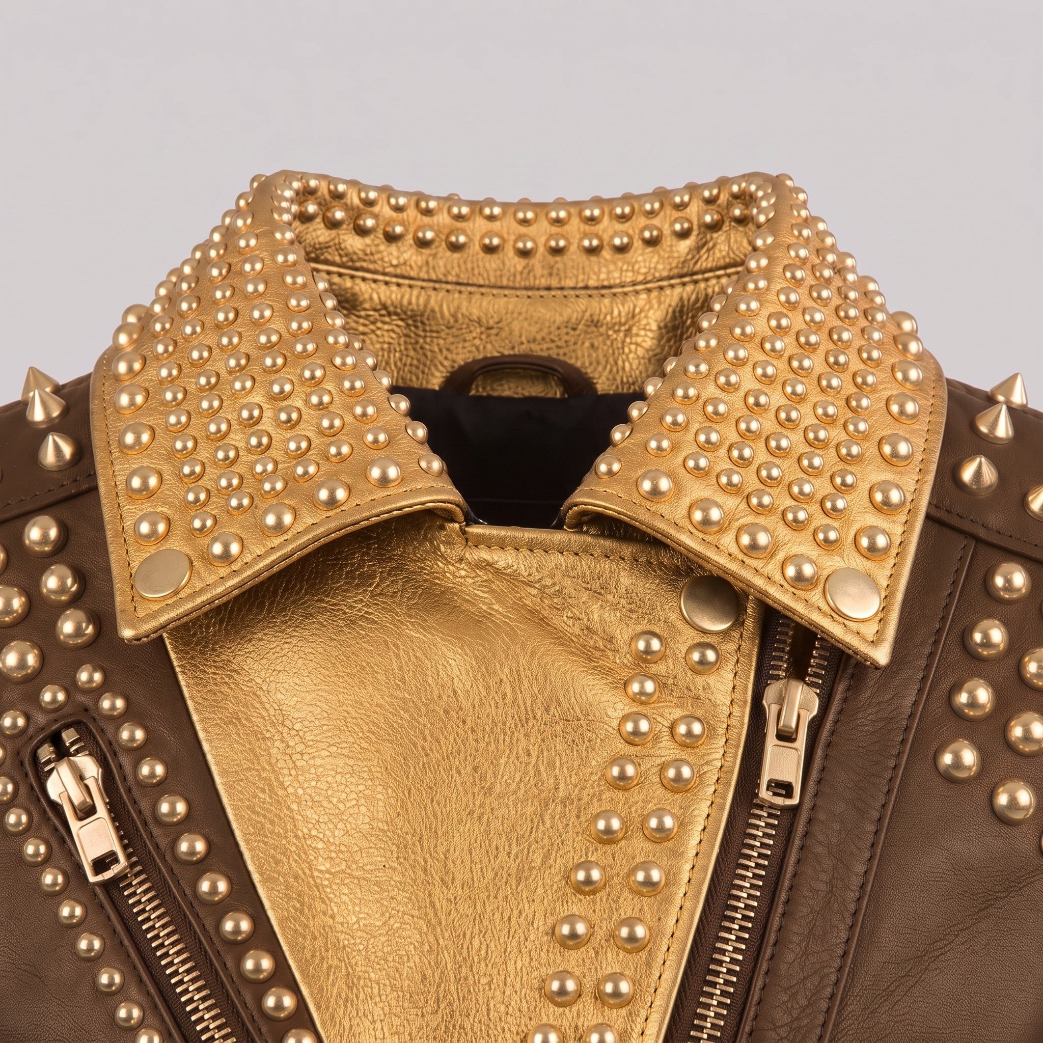 Women's Brown and Gold Studded Leather Biker Jacket — Farington