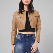Women's Tan Leather Trucker Jacket — Glinton