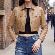 Women's Tan Leather Trucker Jacket — Glinton