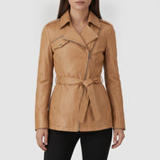 Women's Tan Belted Asymmetric Zipper Leather Biker Jacket — Edson