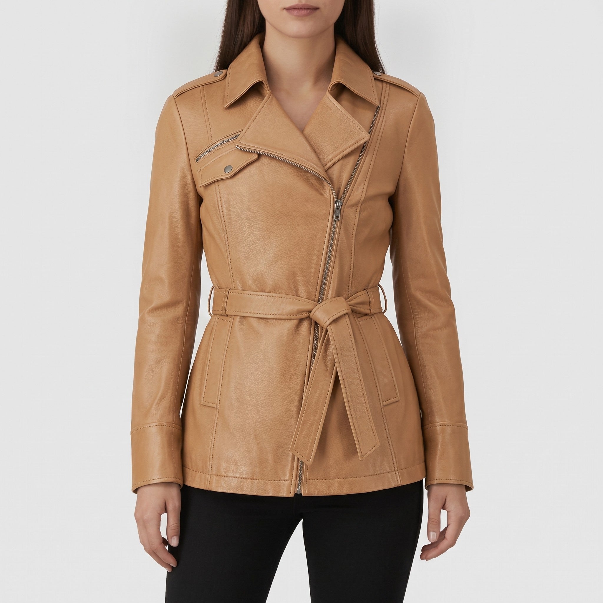 Women's Tan Belted Asymmetric Zipper Leather Biker Jacket — Edson