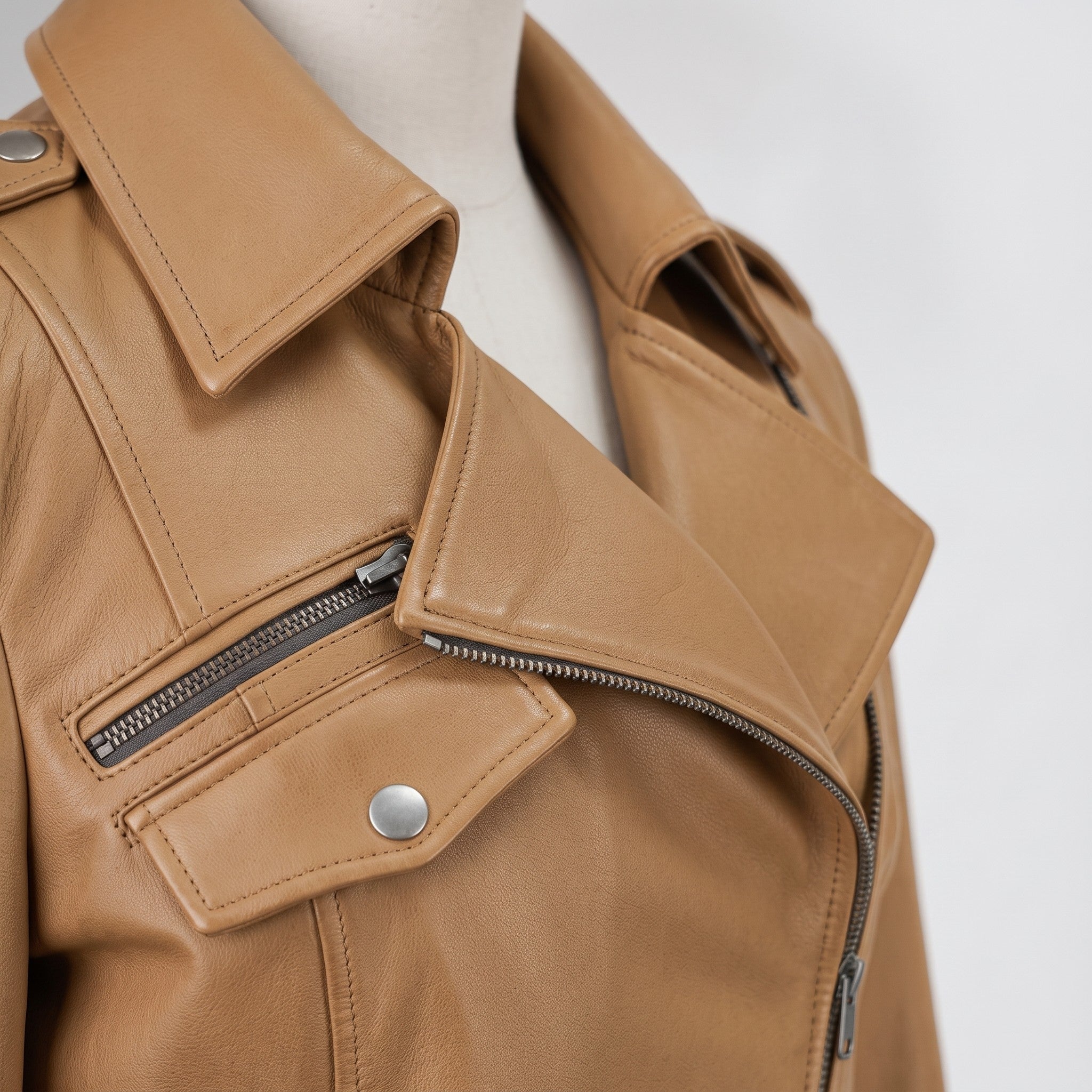Women's Tan Belted Asymmetric Zipper Leather Biker Jacket — Edson