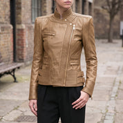 Women's Tan Leather Biker Jacket — Padley