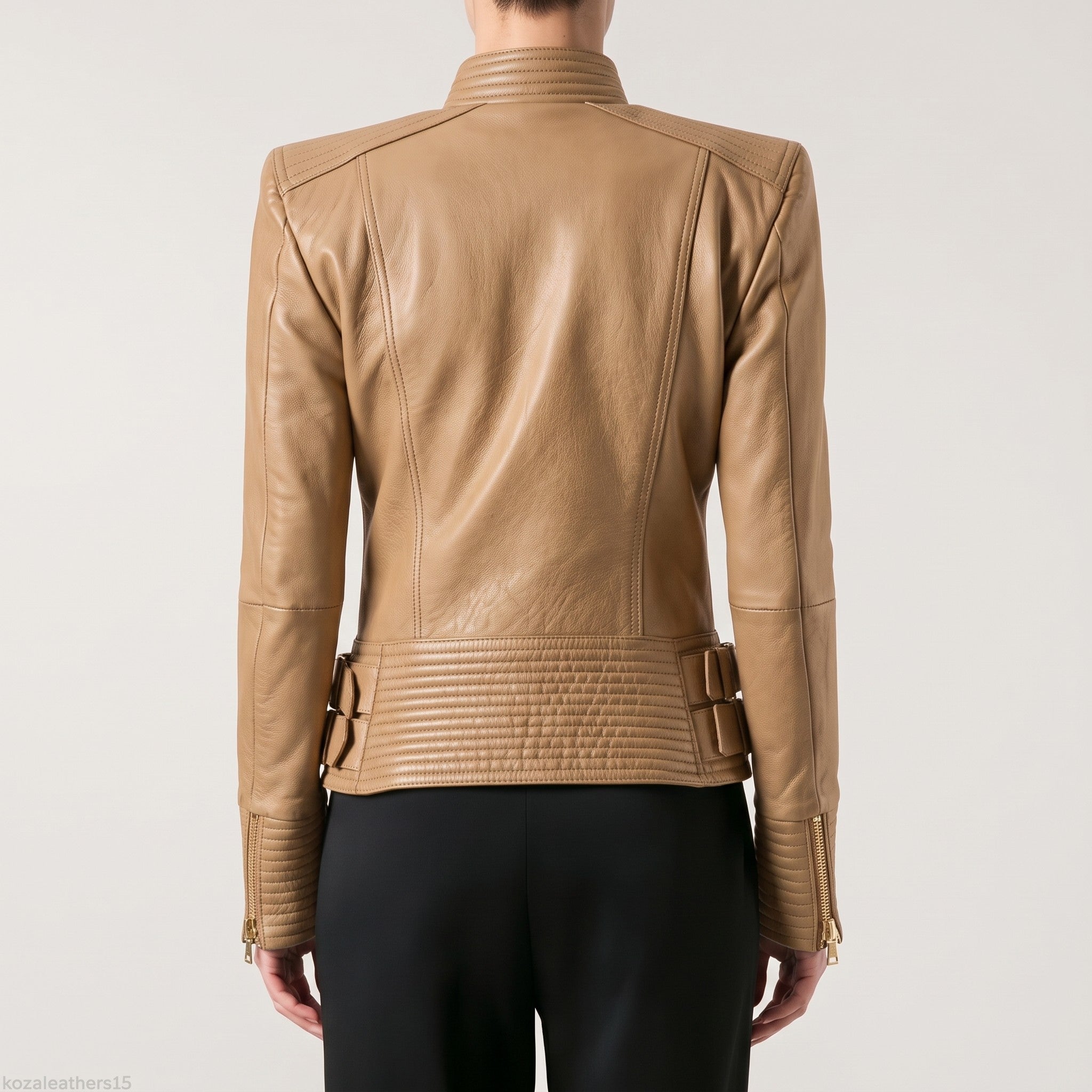 Women's Tan Leather Biker Jacket — Padley