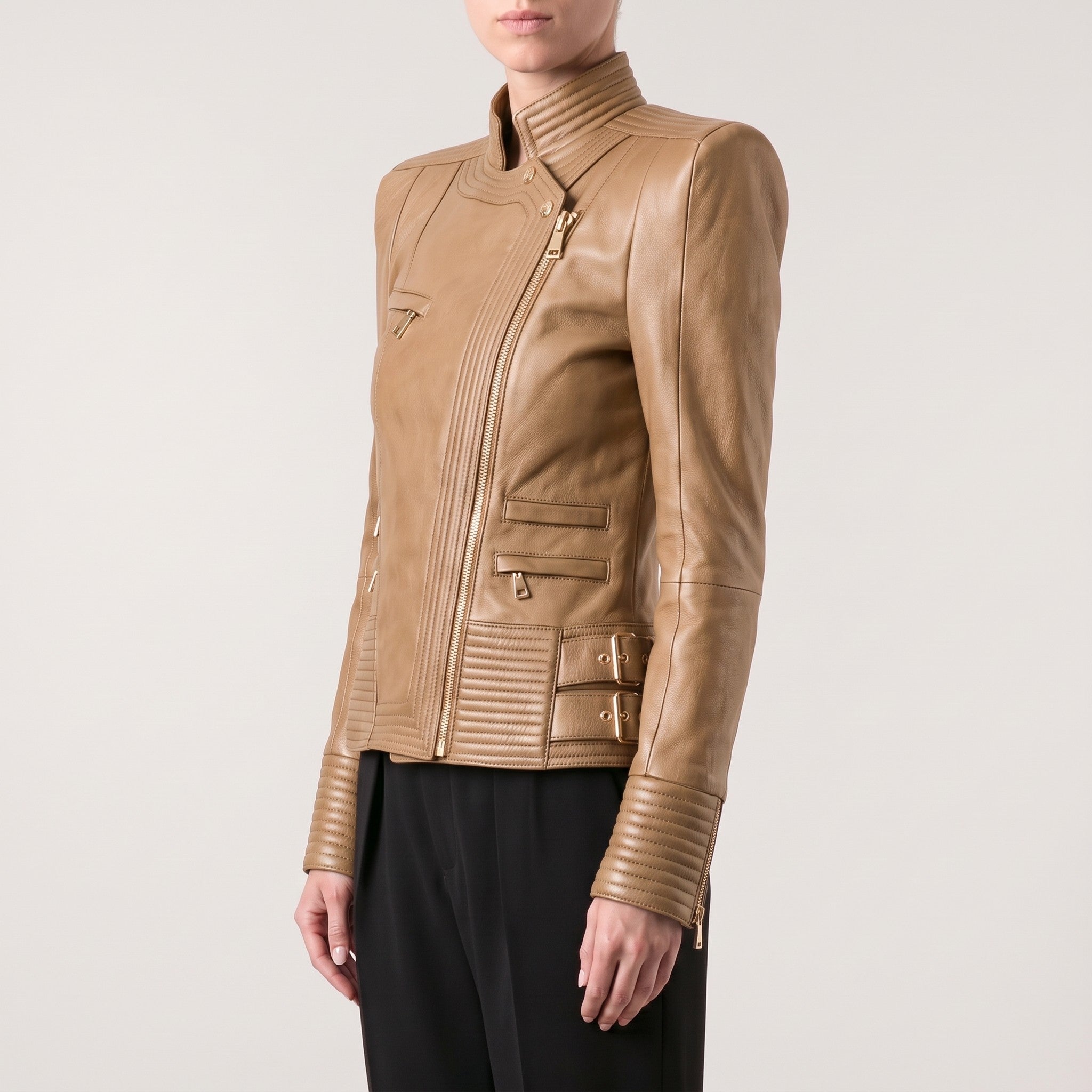 Women's Tan Leather Biker Jacket — Padley