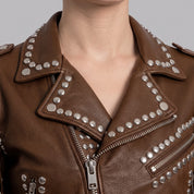 Women's Brown Cropped Studded Fringe Leather Biker Jacket — Abbenshaw