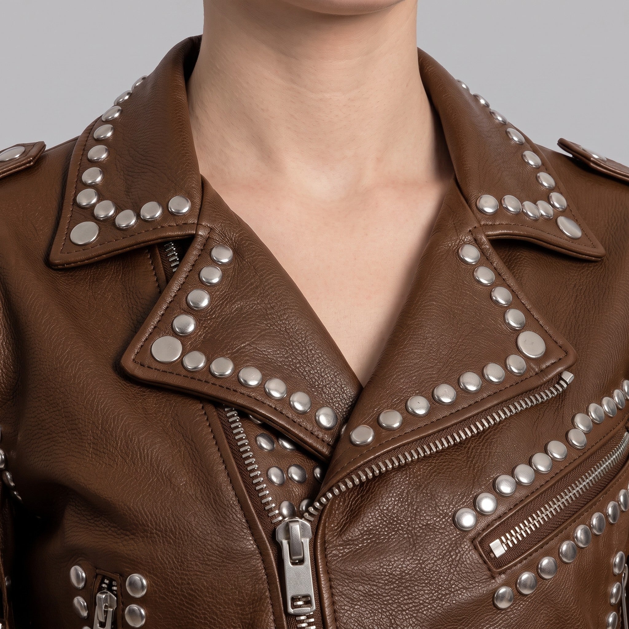 Women's Brown Cropped Studded Fringe Leather Biker Jacket — Abbenshaw