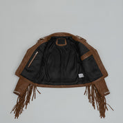 Women's Brown Cropped Studded Fringe Leather Biker Jacket — Abbenshaw