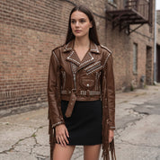 Women's Brown Cropped Studded Fringe Leather Biker Jacket — Abbenshaw