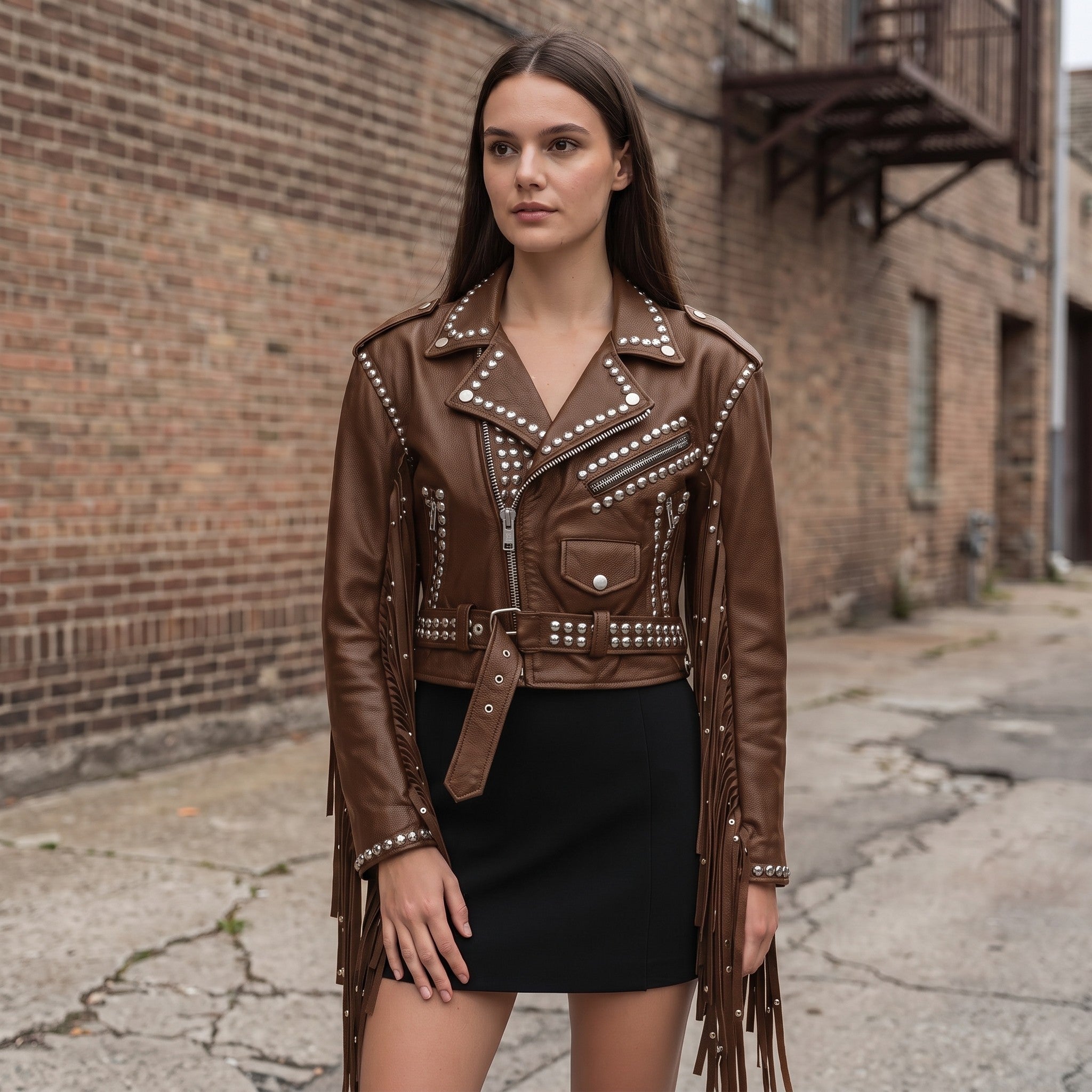 Women's Brown Cropped Studded Fringe Leather Biker Jacket — Abbenshaw