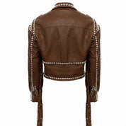 Women's Brown Cropped Studded Fringe Leather Biker Jacket — Abbenshaw