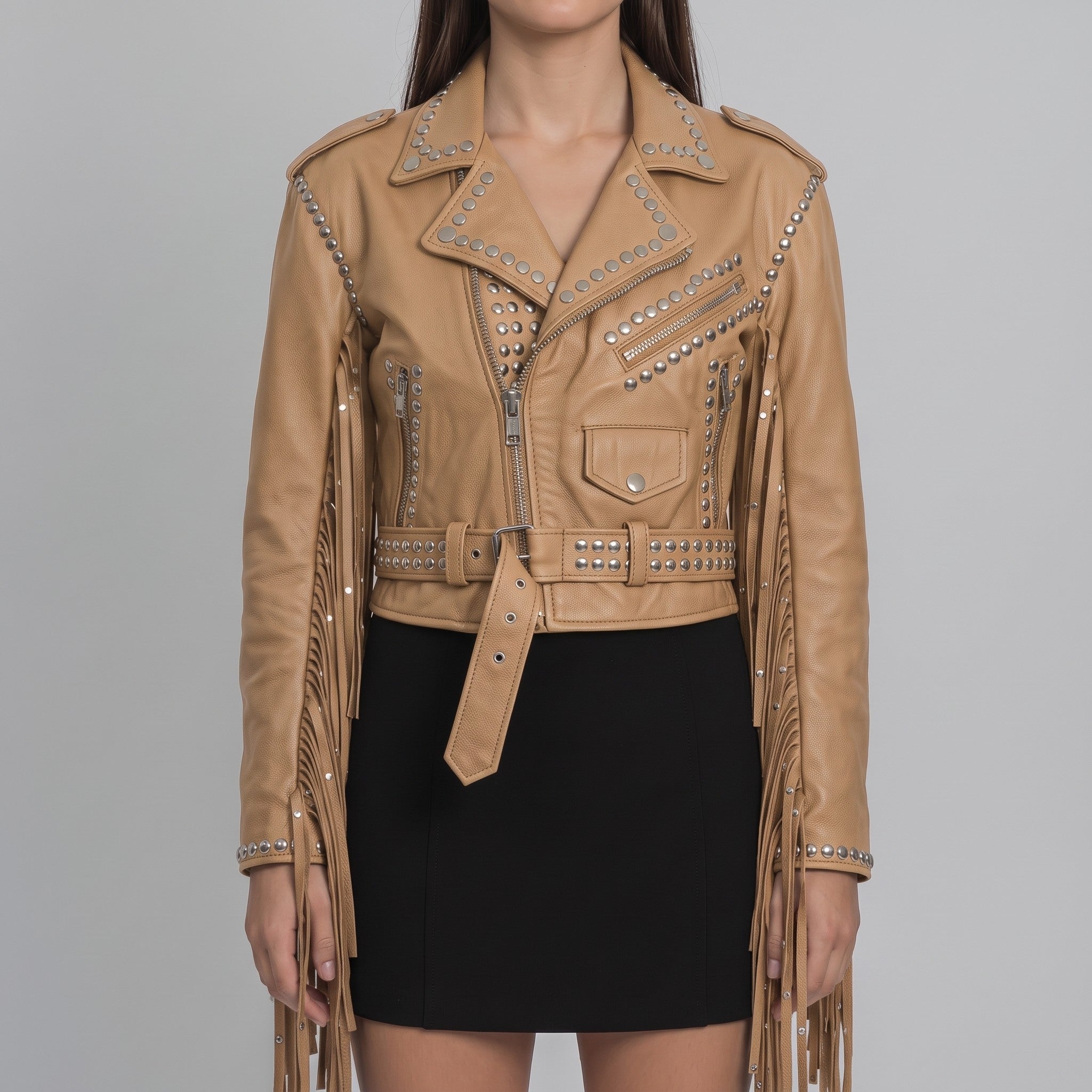 Women's Tan Cropped Studded Fringe Leather Biker Jacket — Abbenshaw