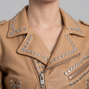 Women's Tan Cropped Studded Fringe Leather Biker Jacket — Abbenshaw