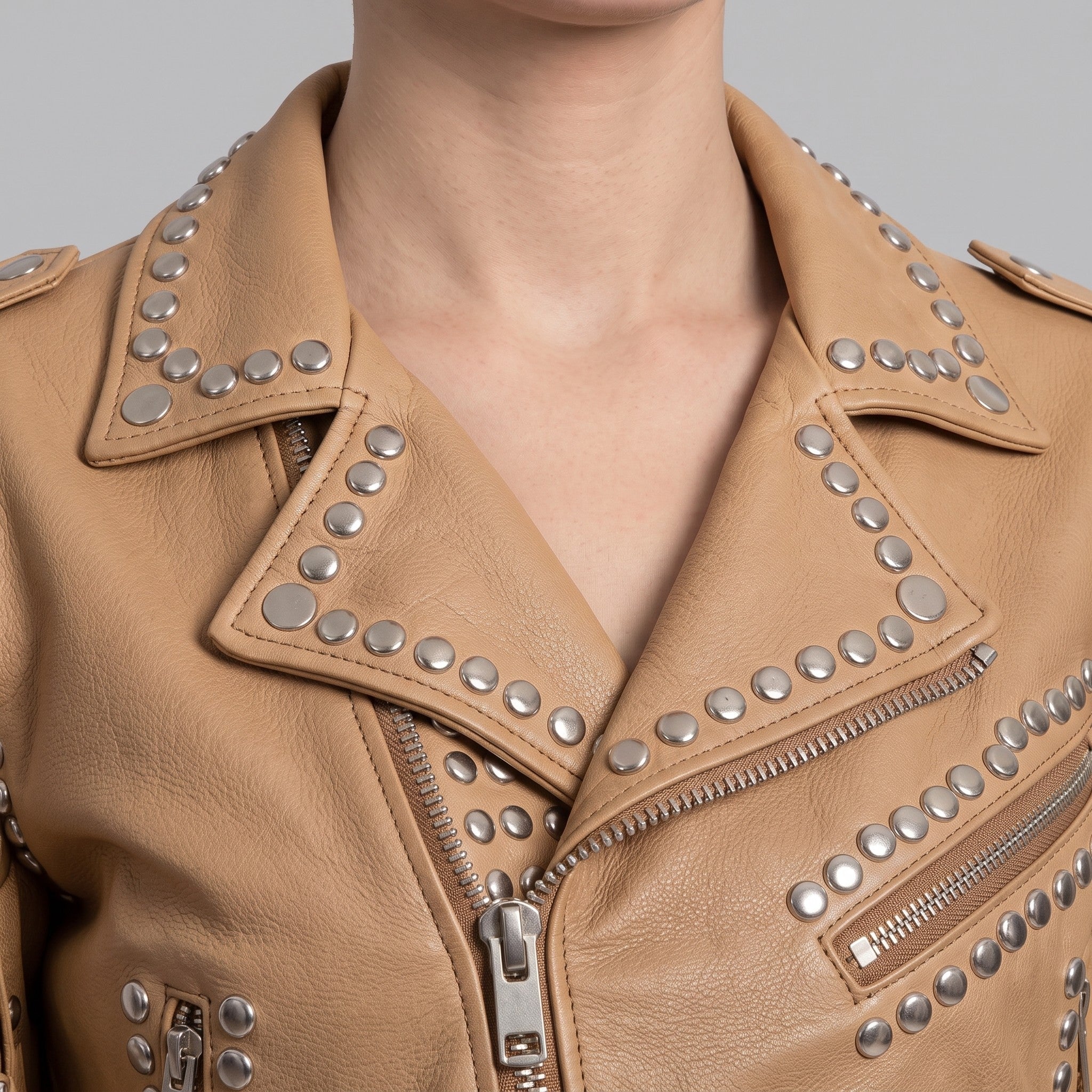 Women's Tan Cropped Studded Fringe Leather Biker Jacket — Abbenshaw