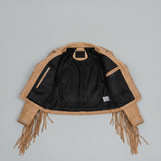 Women's Tan Cropped Studded Fringe Leather Biker Jacket — Abbenshaw