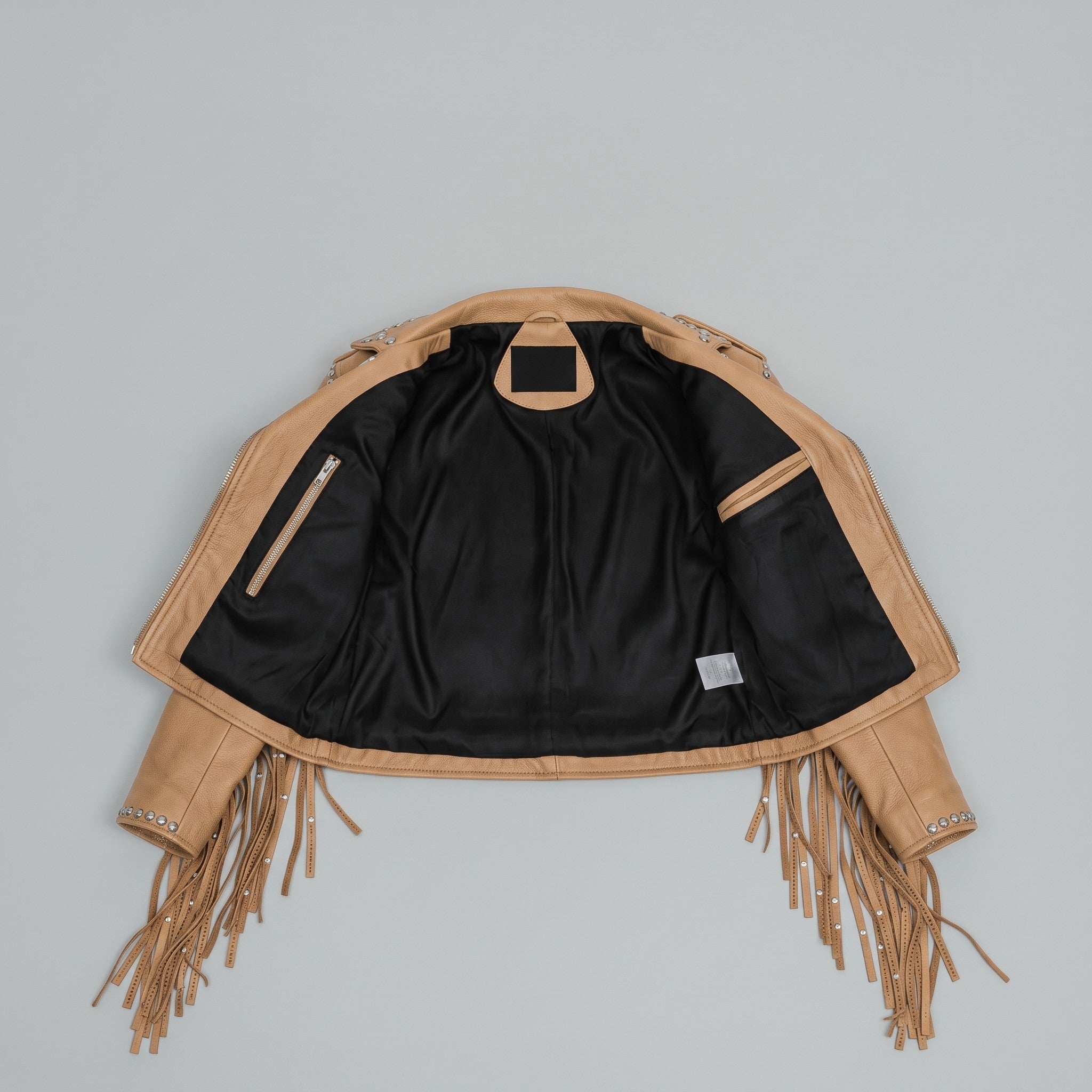 Women's Tan Cropped Studded Fringe Leather Biker Jacket — Abbenshaw