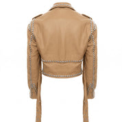 Women's Tan Cropped Studded Fringe Leather Biker Jacket — Abbenshaw