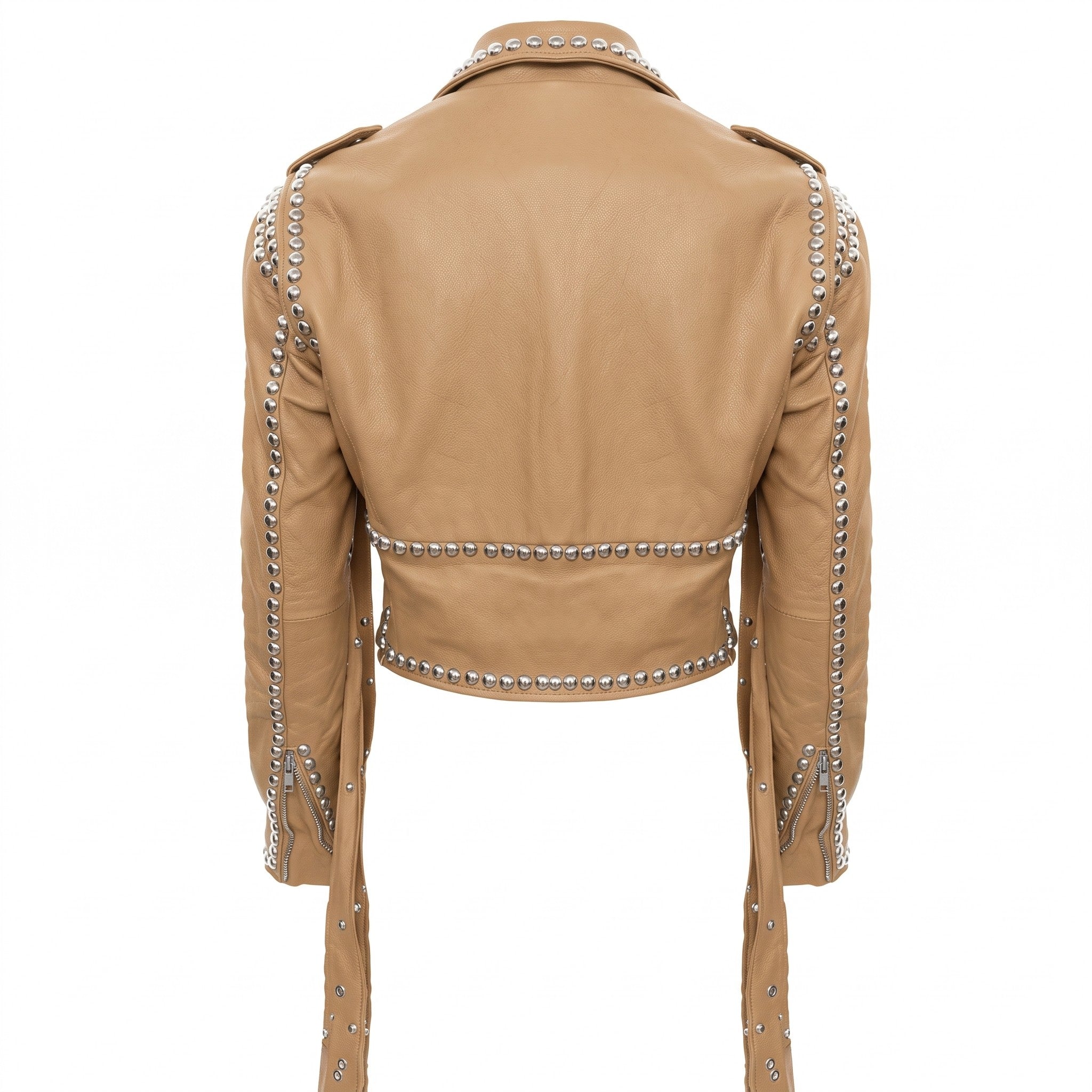 Women's Tan Cropped Studded Fringe Leather Biker Jacket — Abbenshaw