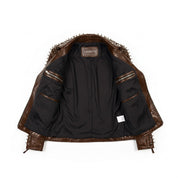Women's Brown Alligator-Embossed Leather Studded Biker Jacket — Dunstall