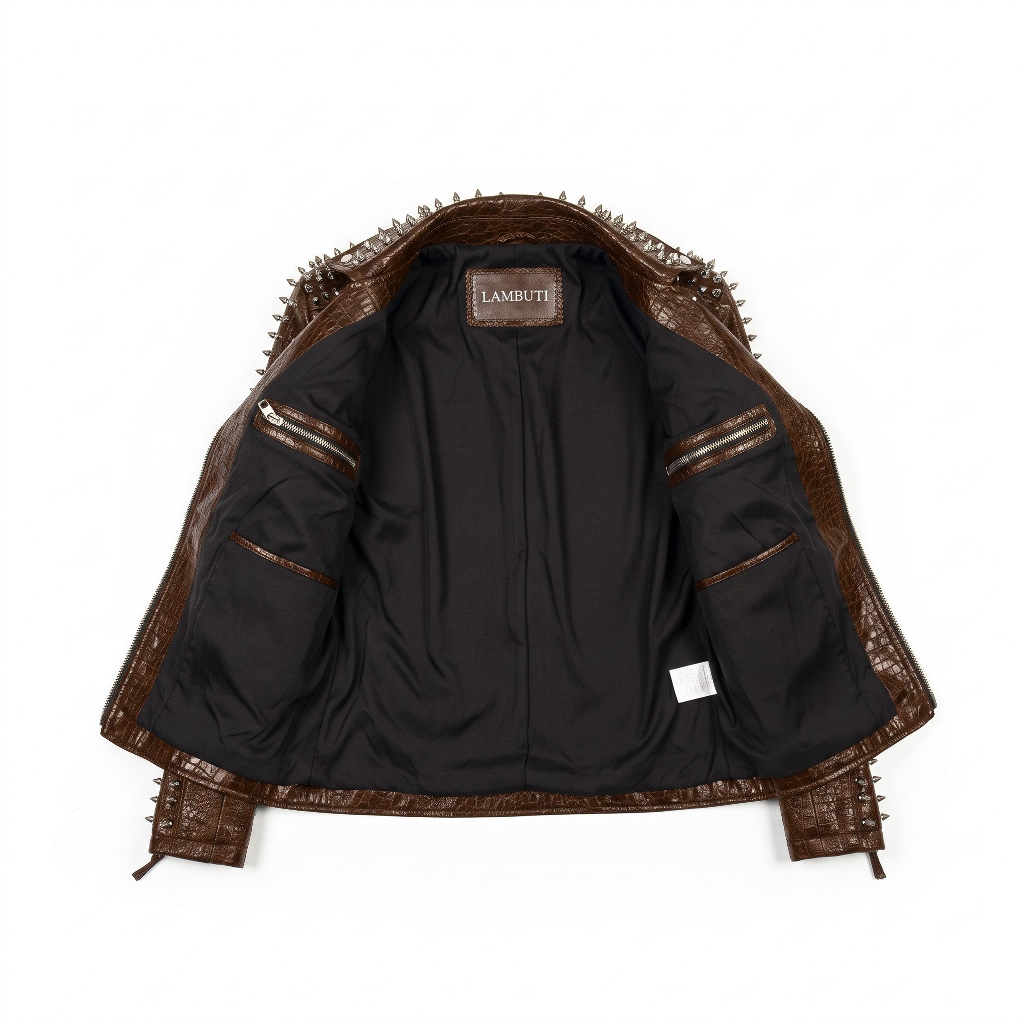 Women's Brown Alligator-Embossed Leather Studded Biker Jacket — Dunstall