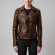 Women's Brown Alligator-Embossed Leather Studded Biker Jacket — Dunstall