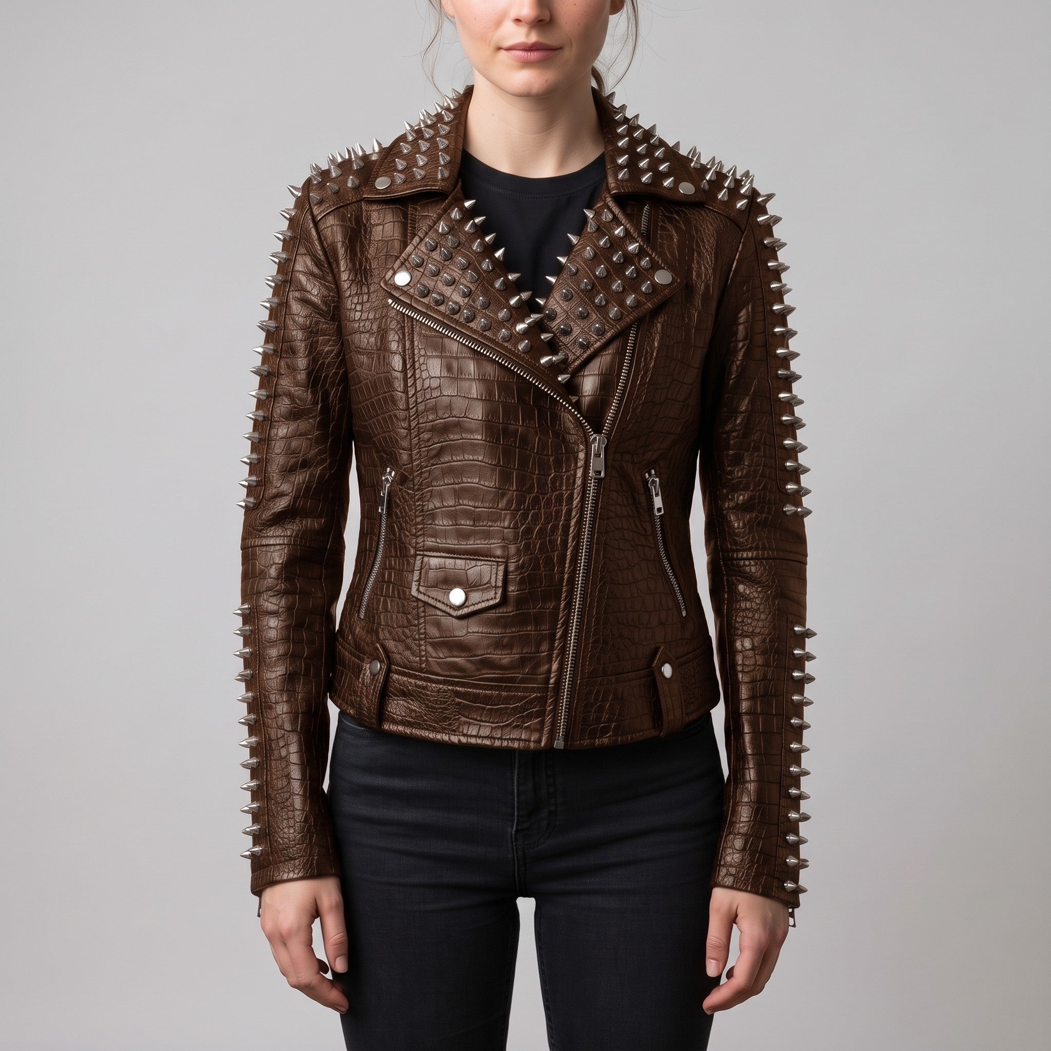 Women's Brown Alligator-Embossed Leather Studded Biker Jacket — Dunstall