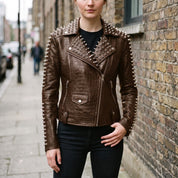 Women's Brown Alligator-Embossed Leather Studded Biker Jacket — Dunstall