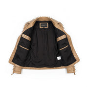 Women's Tan Alligator-Embossed Leather Studded Biker Jacket — Dunstall