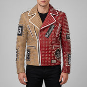 Men's Tan and Red Two-Tone Leather Perfecto Biker Jacket — Morris