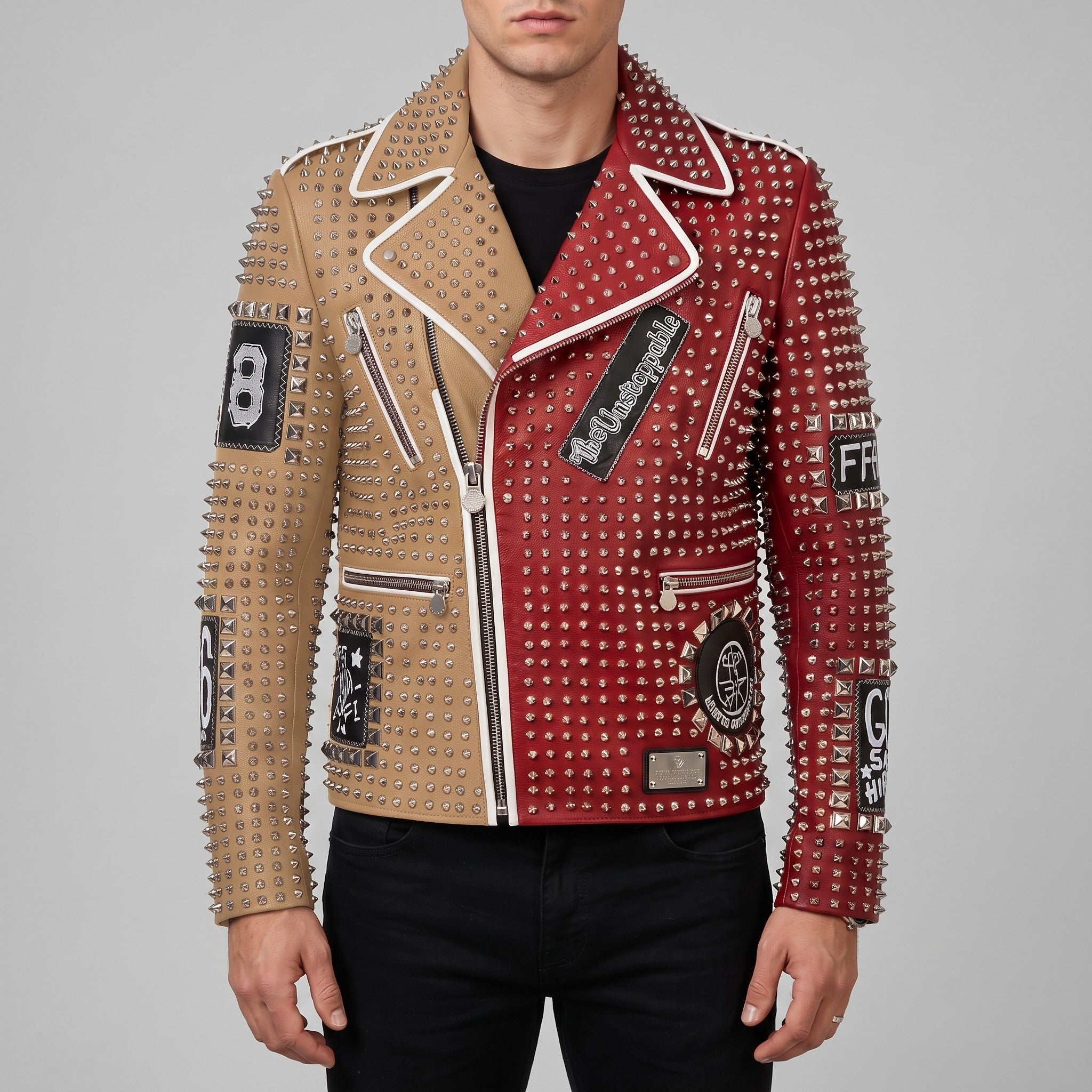 Men's Tan and Red Two-Tone Leather Perfecto Biker Jacket — Morris