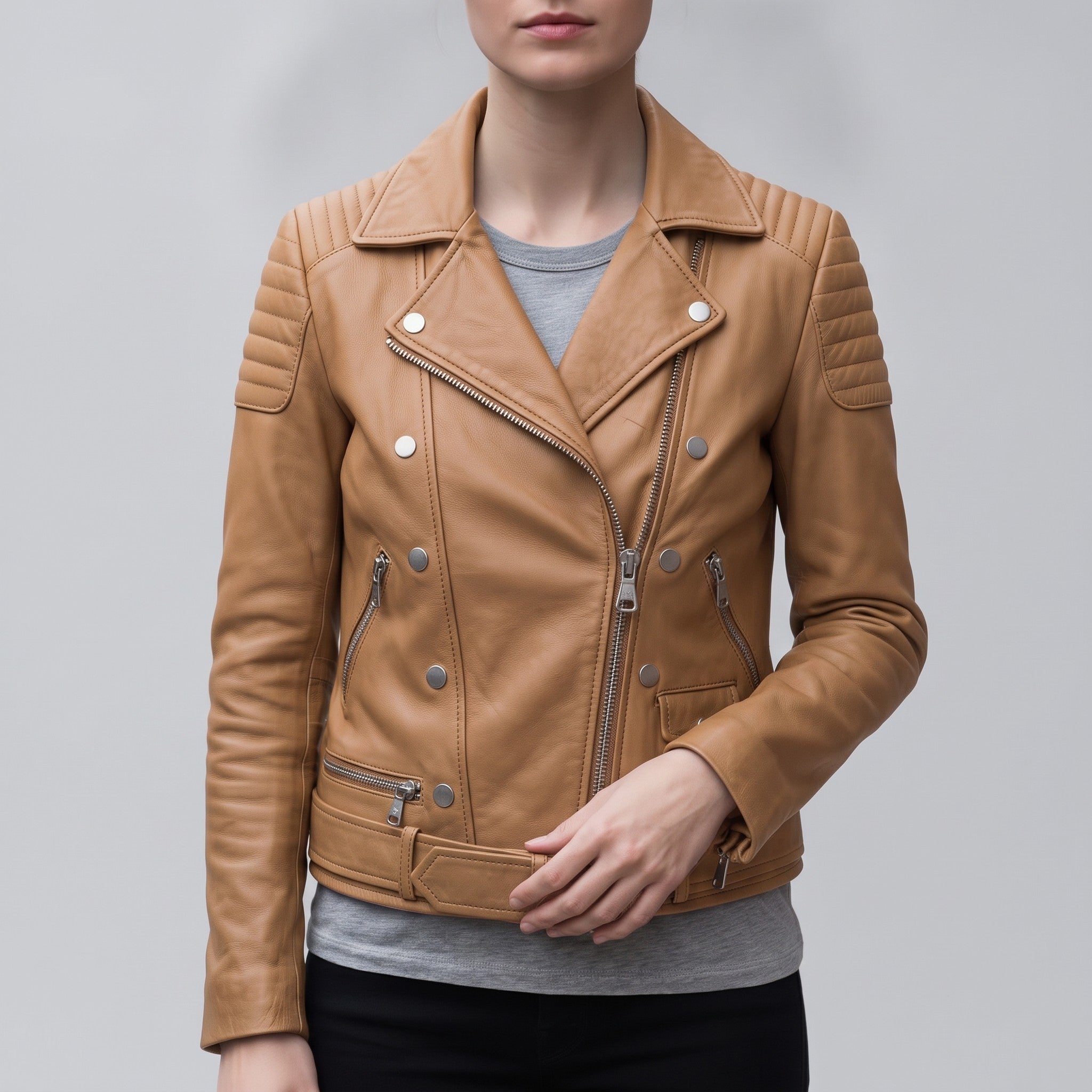 Women's Tan Belted Leather Biker Jacket — Gillard