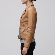 Women's Tan Belted Leather Biker Jacket — Gillard