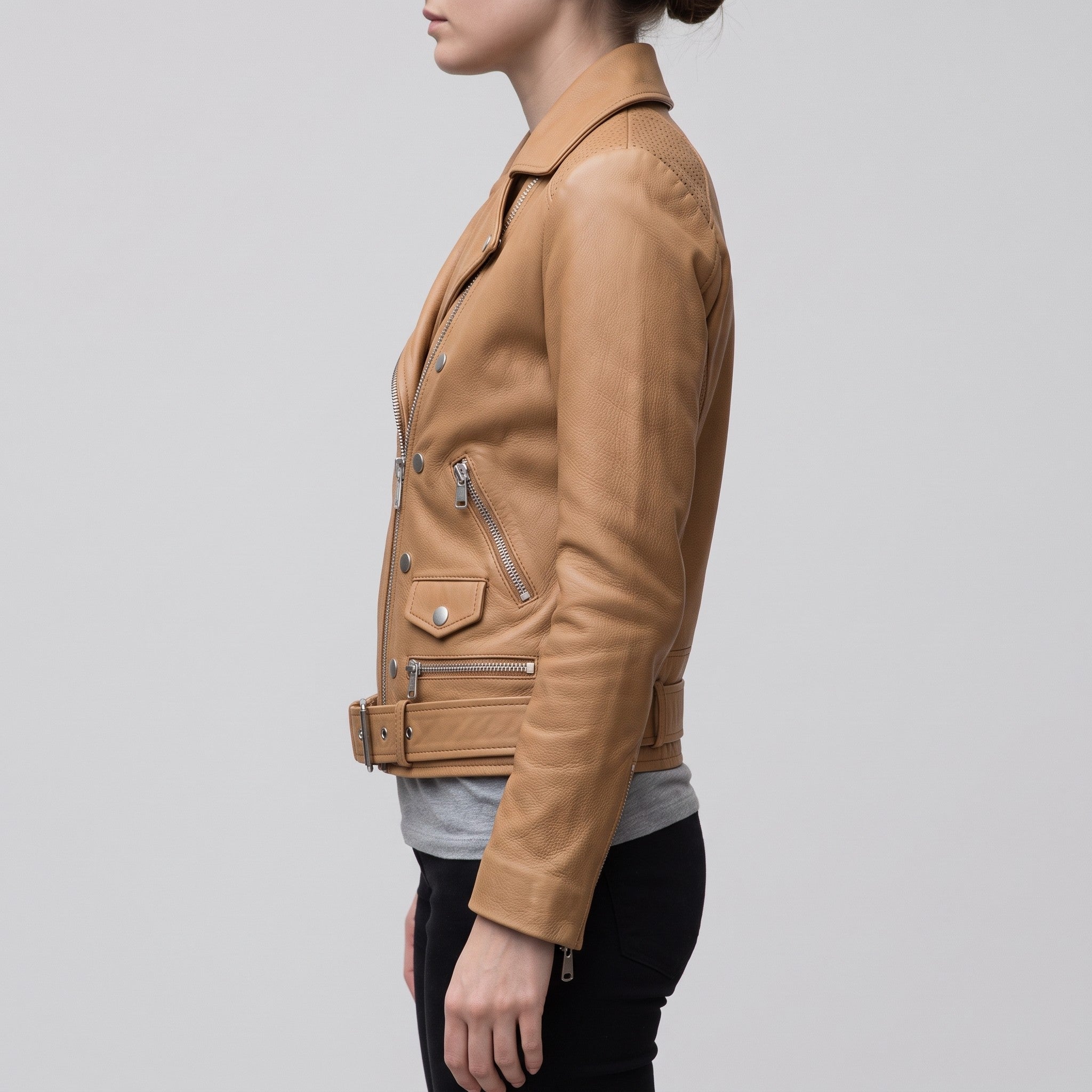 Women's Tan Belted Leather Biker Jacket — Gillard