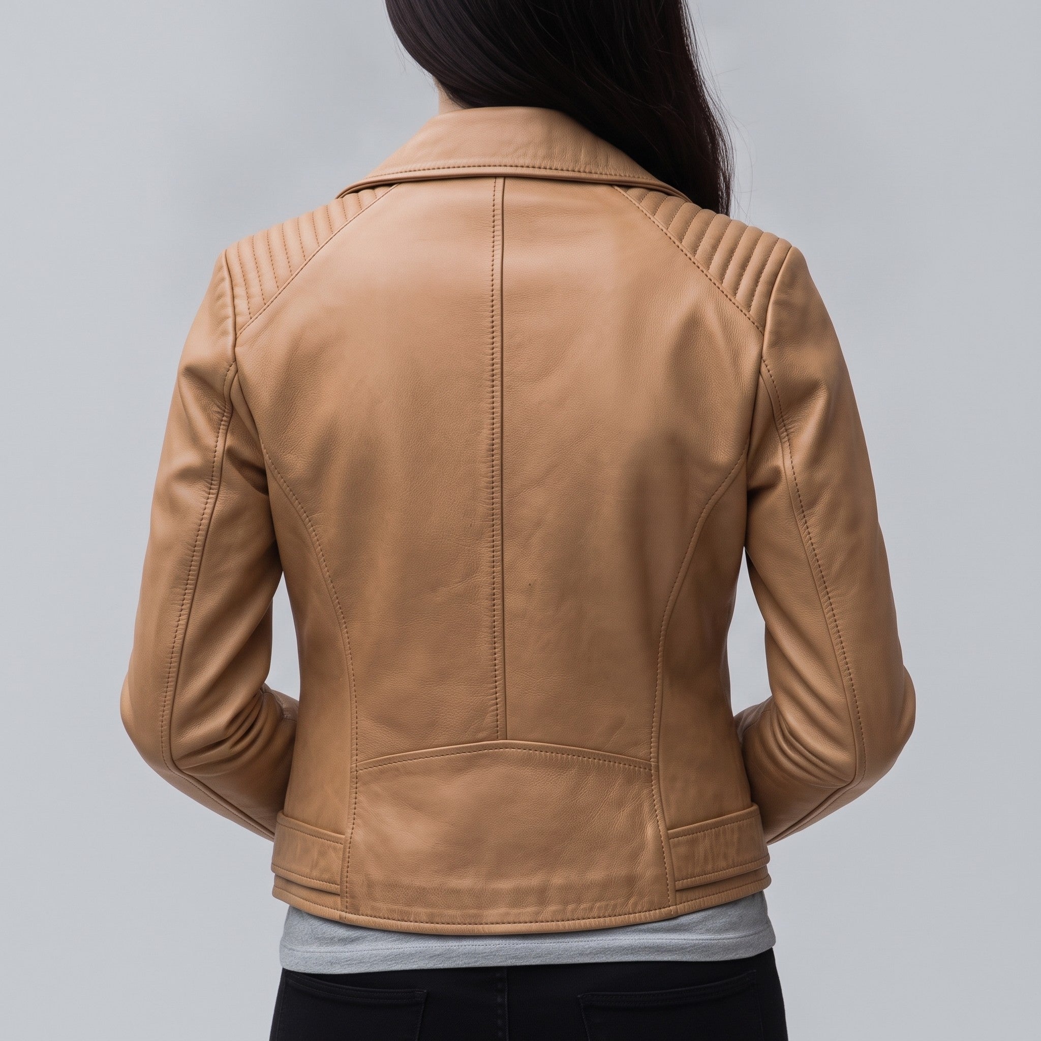 Women's Tan Belted Leather Biker Jacket — Gillard