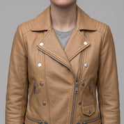 Women's Tan Belted Leather Biker Jacket — Gillard