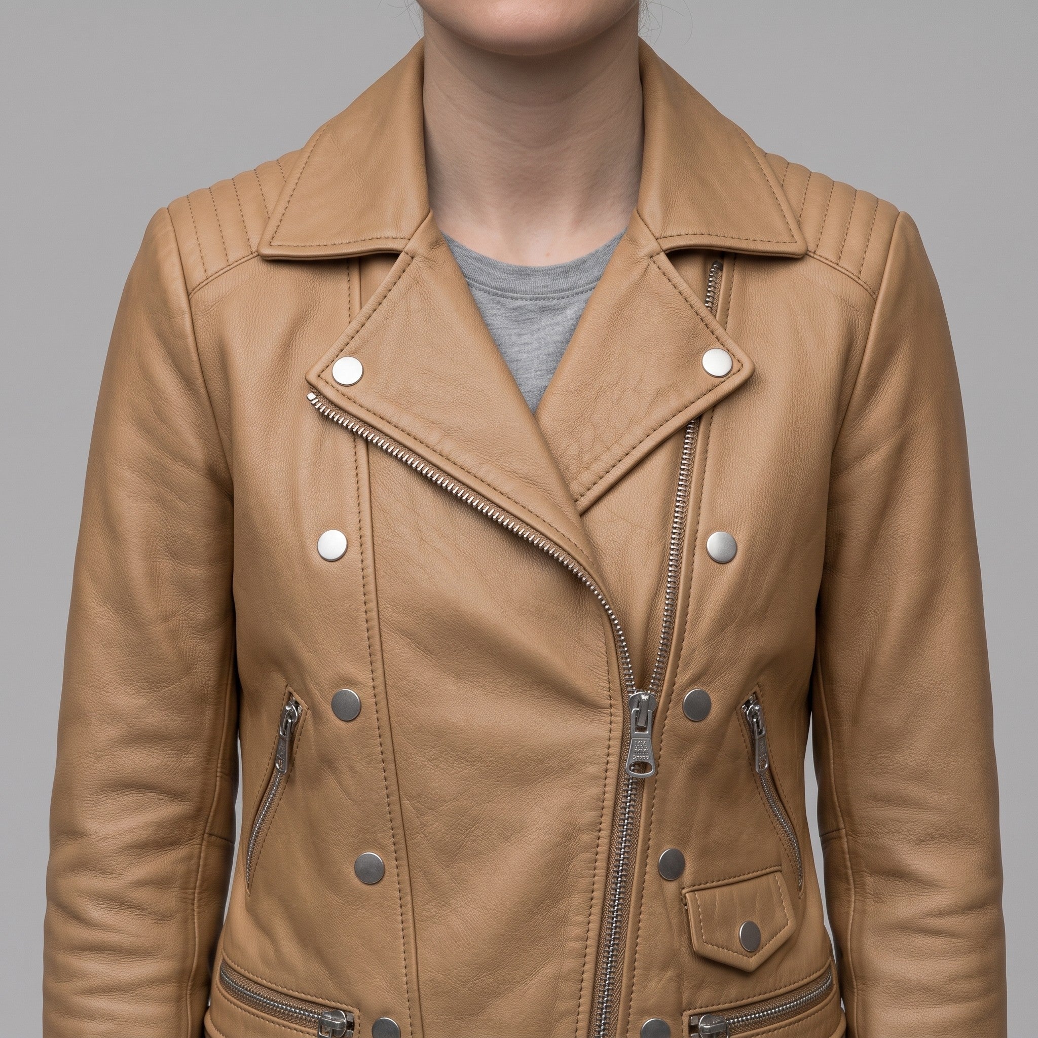 Women's Tan Belted Leather Biker Jacket — Gillard