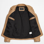 Women's Tan Belted Leather Biker Jacket — Gillard