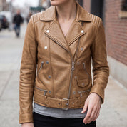 Women's Tan Belted Leather Biker Jacket — Gillard