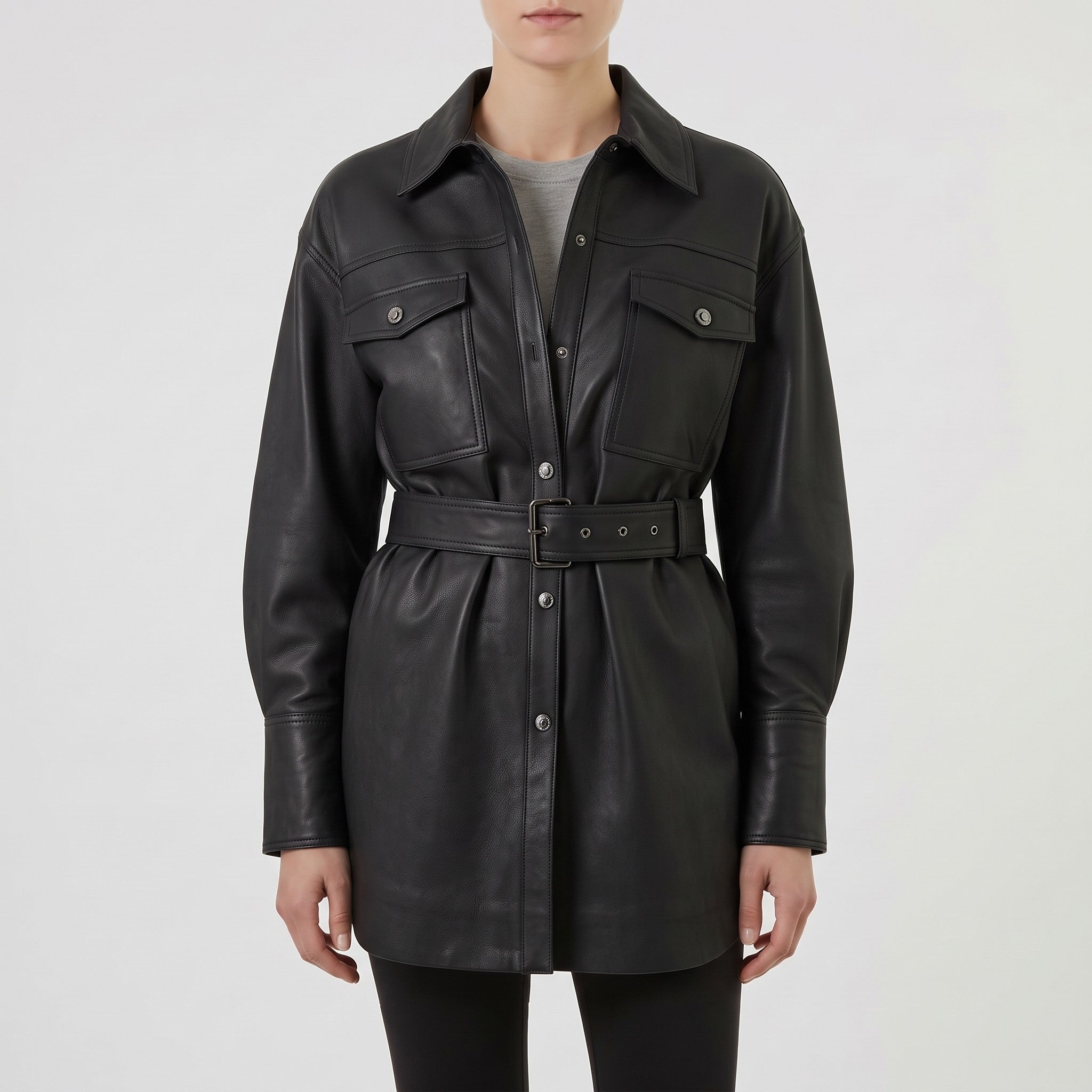 Women's Black Leather Trench Jacket — Aldous