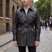 Women's Black Leather Trench Jacket — Aldous