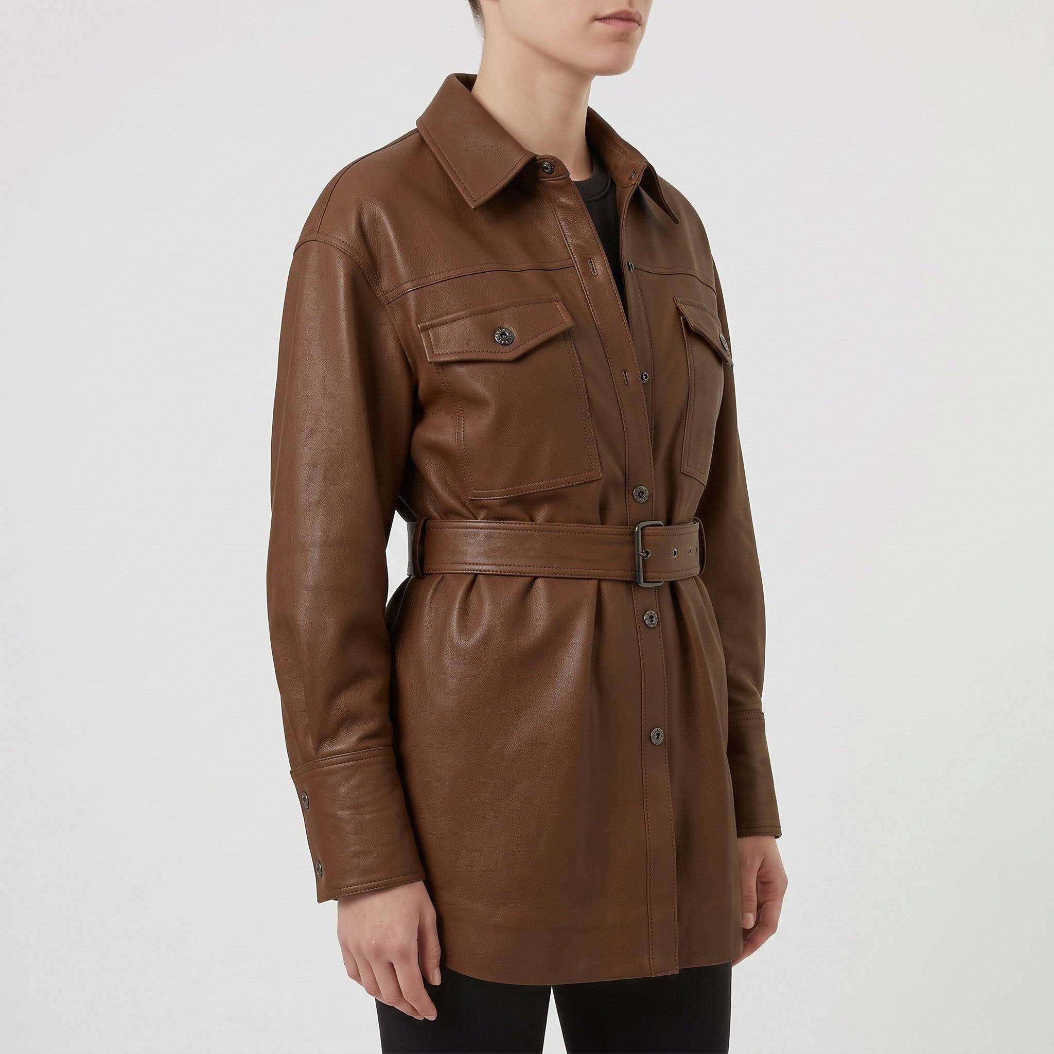 Women's Brown Leather Trench Jacket — Aldous