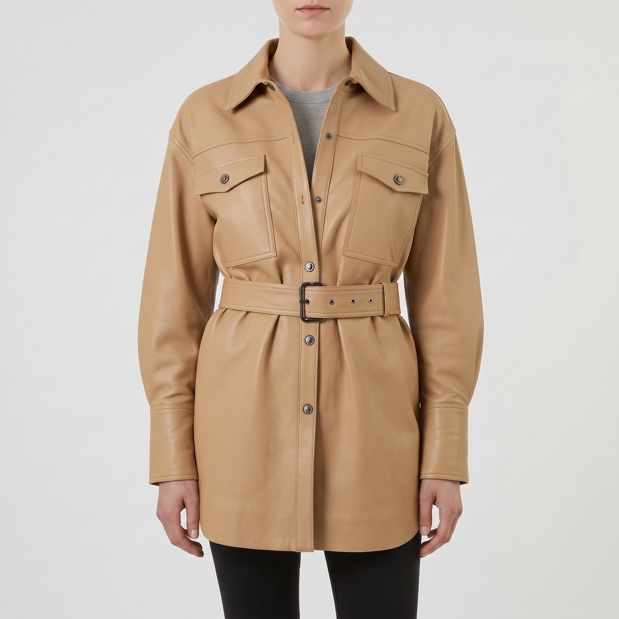 Women's Tan Leather Trench Jacket — Aldous