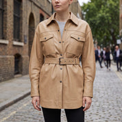 Women's Tan Leather Trench Jacket — Aldous