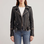 Women's Black Studded Leather Biker Jacket — Buckland