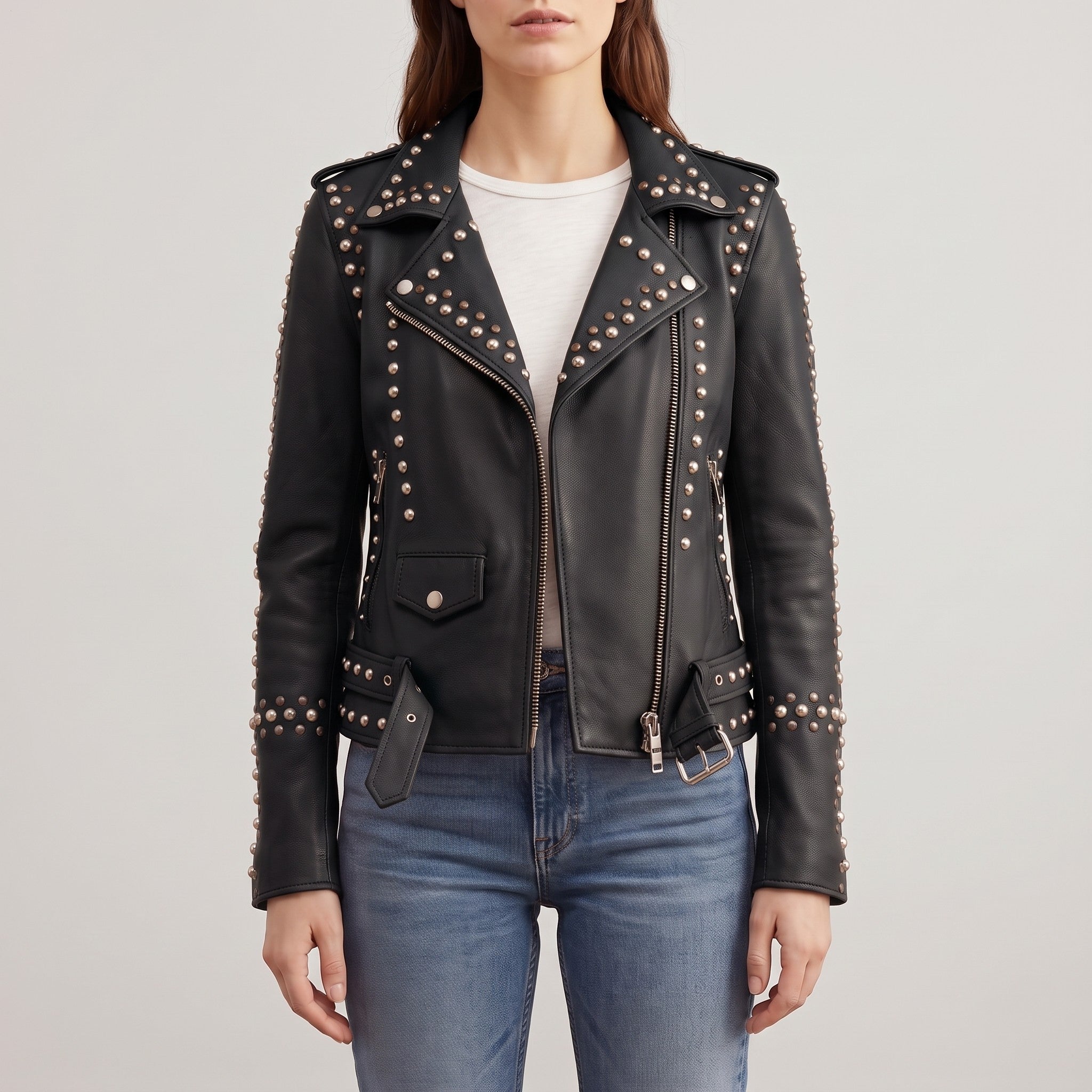 Women's Black Studded Leather Biker Jacket — Buckland