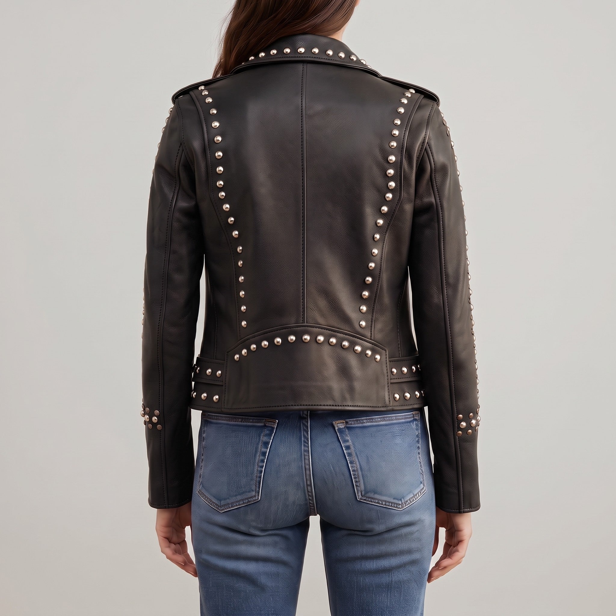 Women's Black Studded Leather Biker Jacket — Buckland